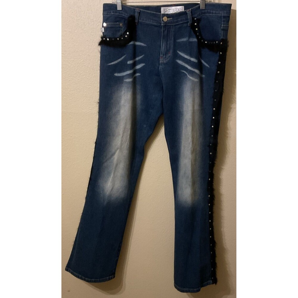 VTG Y2K Crest Jeans Fur Fringe Faded Panel Flare Embellished Denim Sz W15/16